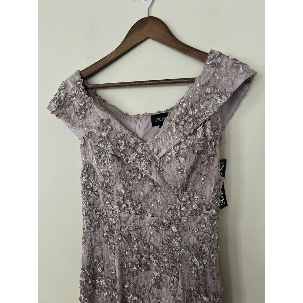 Xscape Womens Sz 4 Taupe Off the Shoulder Embroidered Lace Long Gown Dress - Picture 8 of 14